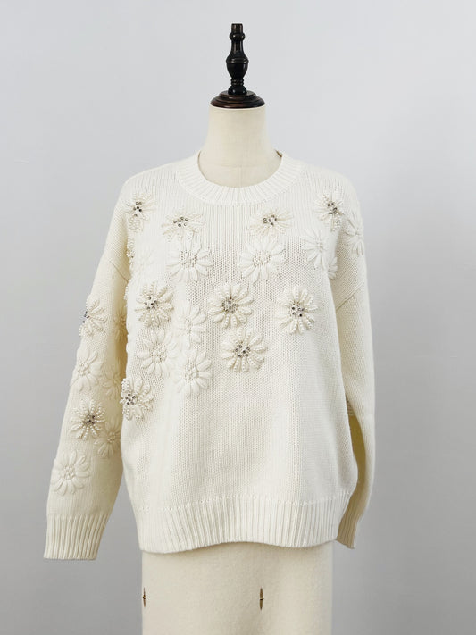 10%Cashmere 90%Wool Flower Embroidery Knit Sweater